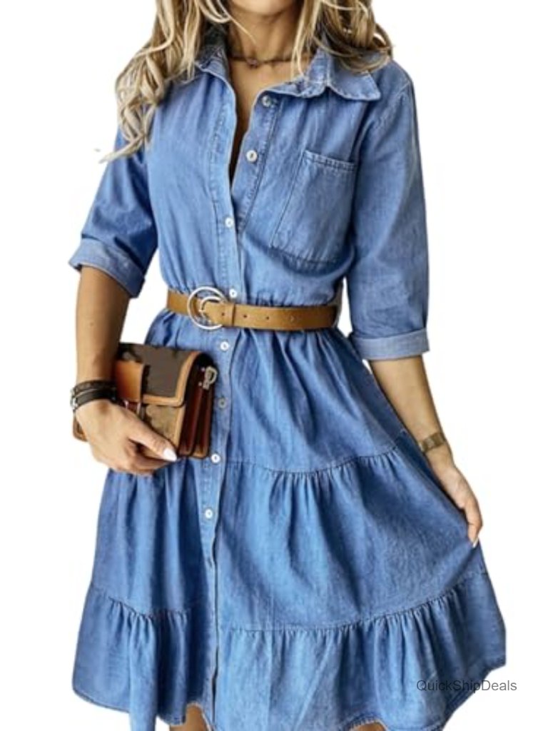 Women's Denim Button Down Shift Dress With Ruffled Hem